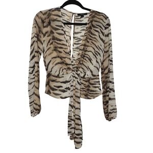 Forever 21 Tiger Print Blouse Womens Small Tan Brown Knot Front Tie Night Out